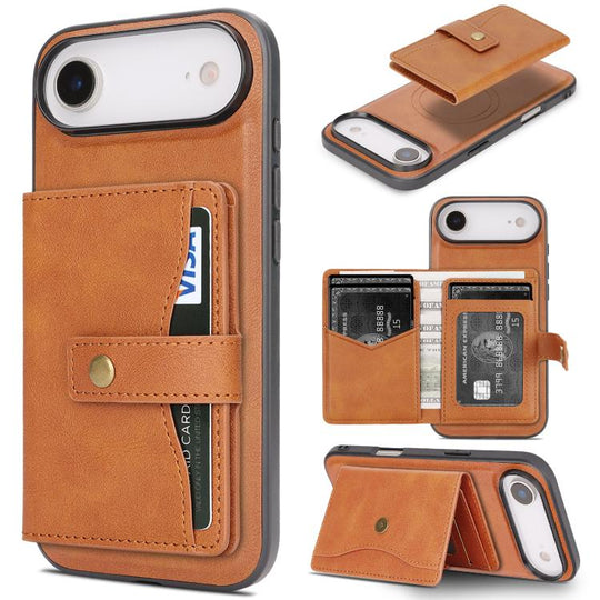 For iPhone Air Kalebol Magnetic Button Card Bag MagSafe Ring Leather Phone Case(Brown)