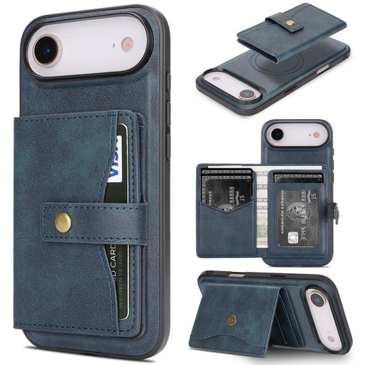 For iPhone Air Kalebol Magnetic Button Card Bag MagSafe Ring Leather Phone Case(Blue) - iPhone Air Cases by Kalebol | Online Shopping UK | buy2fix