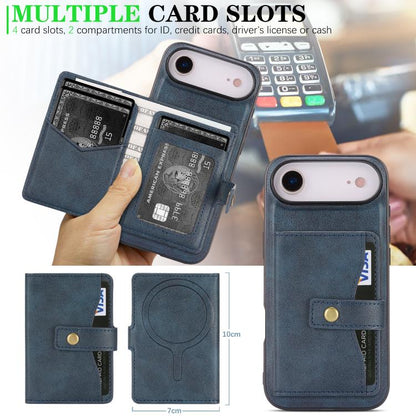 For iPhone Air Kalebol Magnetic Button Card Bag MagSafe Ring Leather Phone Case(Blue) - iPhone Air Cases by Kalebol | Online Shopping UK | buy2fix