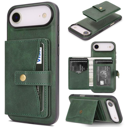 For iPhone 17 Air Kalebol Magnetic Button Card Bag MagSafe Ring Leather Phone Case(Green) - iPhone 17 Air Cases by Kalebol | Online Shopping UK | buy2fix
