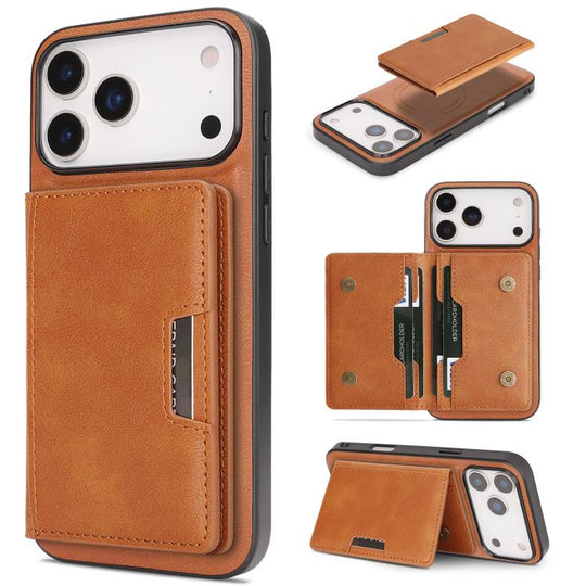 For iPhone 17 Pro Max Kalebol Strong MagSafe Magnetic Two-Fold Card Bag Leather Phone Case(Brown)
