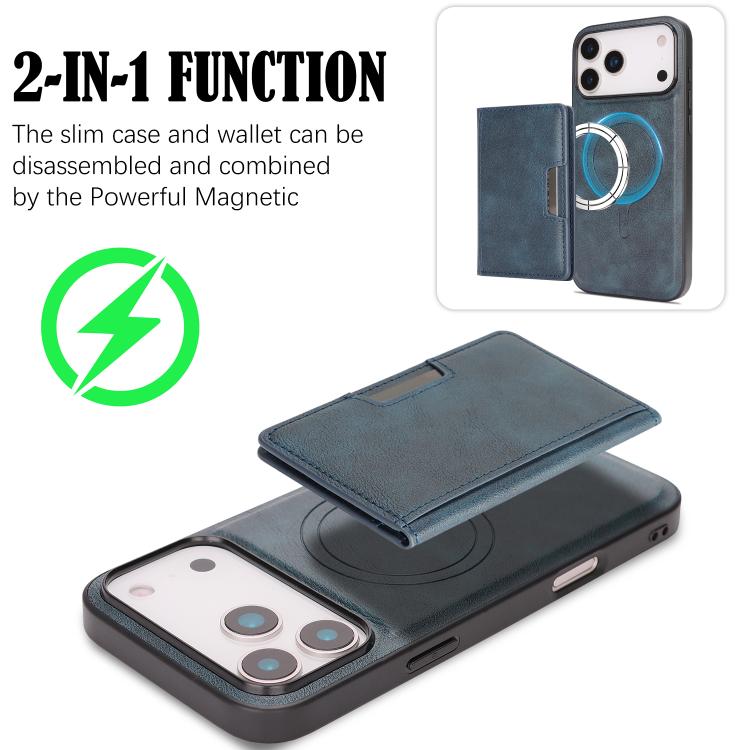 For iPhone 17 Pro Max Kalebol Strong MagSafe Magnetic Two-Fold Card Bag Leather Phone Case(Blue) - iPhone 17 Pro Max Cases by Kalebol | Online Shopping UK | buy2fix