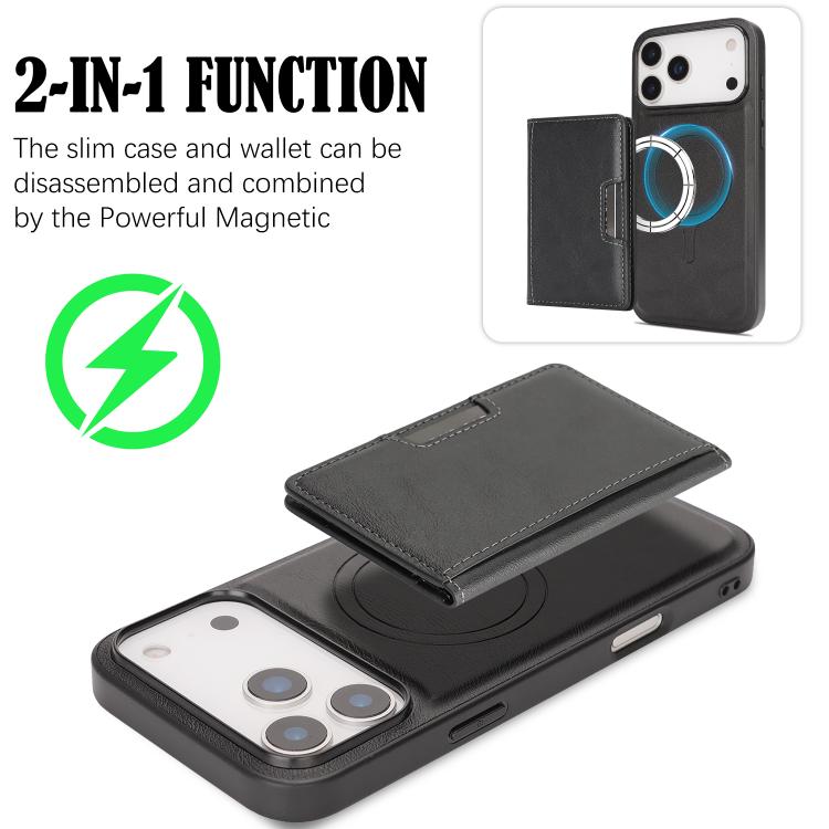 For iPhone 17 Pro Kalebol Strong MagSafe Magnetic Two-Fold Card Bag Leather Phone Case(Black) - iPhone 17 Pro Cases by Kalebol | Online Shopping UK | buy2fix