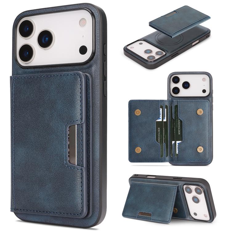 For iPhone 17 Pro Kalebol Strong MagSafe Magnetic Two-Fold Card Bag Leather Phone Case(Blue) - iPhone 17 Pro Cases by Kalebol | Online Shopping UK | buy2fix