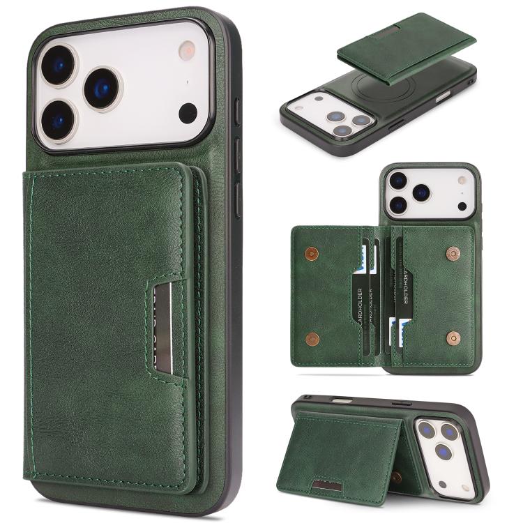 For iPhone 17 Pro Kalebol Strong MagSafe Magnetic Two-Fold Card Bag Leather Phone Case(Green) - iPhone 17 Pro Cases by Kalebol | Online Shopping UK | buy2fix