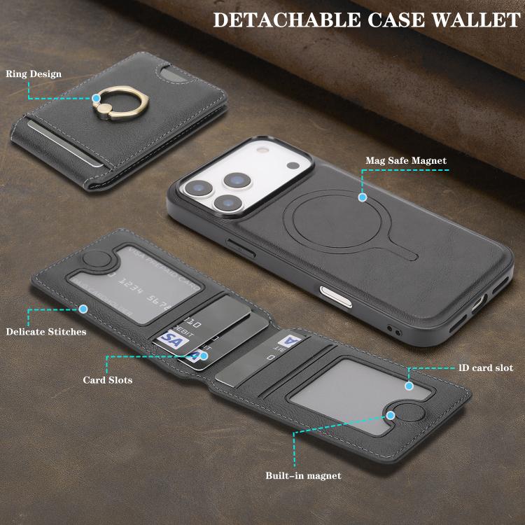 For iPhone 17 Pro Max Kalebol Strong MagSafe Ring Magnetic Card Bag Holder Leather Phone Case(Black) - iPhone 17 Pro Max Cases by Kalebol | Online Shopping UK | buy2fix