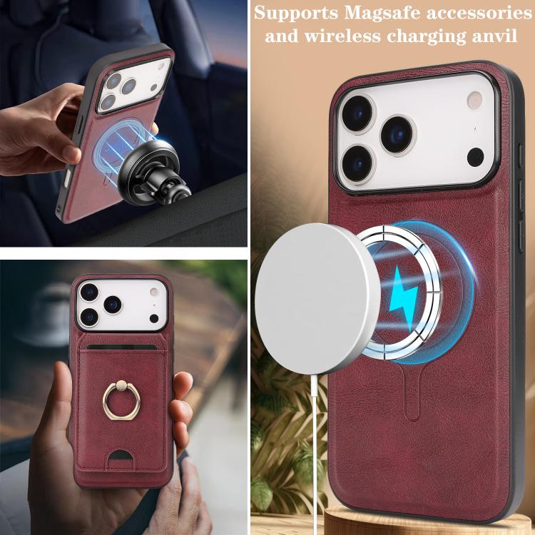 For iPhone 17 Pro Max Kalebol Strong MagSafe Ring Magnetic Card Bag Holder Leather Phone Case(Red) - iPhone 17 Pro Max Cases by Kalebol | Online Shopping UK | buy2fix