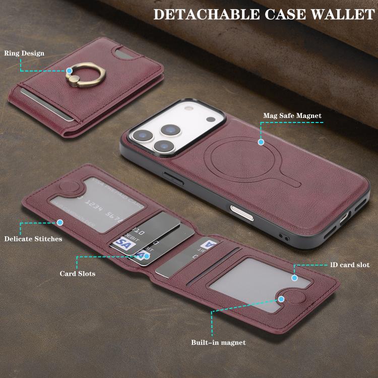 For iPhone 17 Pro Max Kalebol Strong MagSafe Ring Magnetic Card Bag Holder Leather Phone Case(Red) - iPhone 17 Pro Max Cases by Kalebol | Online Shopping UK | buy2fix