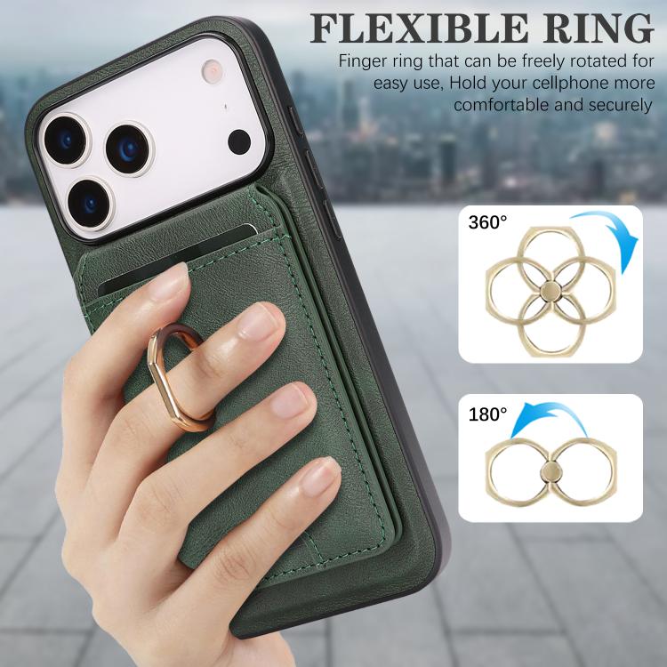 For iPhone 17 Pro Max Kalebol Strong MagSafe Ring Magnetic Card Bag Holder Leather Phone Case(Green) - iPhone 17 Pro Max Cases by Kalebol | Online Shopping UK | buy2fix