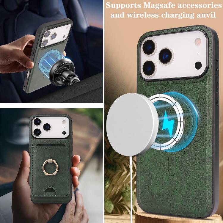 For iPhone 17 Pro Max Kalebol Strong MagSafe Ring Magnetic Card Bag Holder Leather Phone Case(Green) - iPhone 17 Pro Max Cases by Kalebol | Online Shopping UK | buy2fix