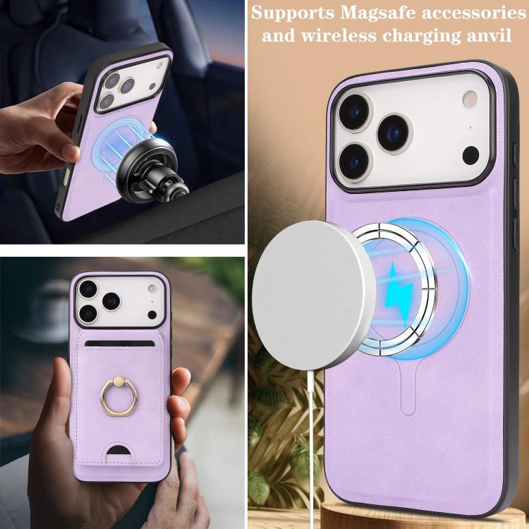 For iPhone 17 Pro Max Kalebol Strong MagSafe Ring Magnetic Card Bag Holder Leather Phone Case(Purple) - iPhone 17 Pro Max Cases by Kalebol | Online Shopping UK | buy2fix