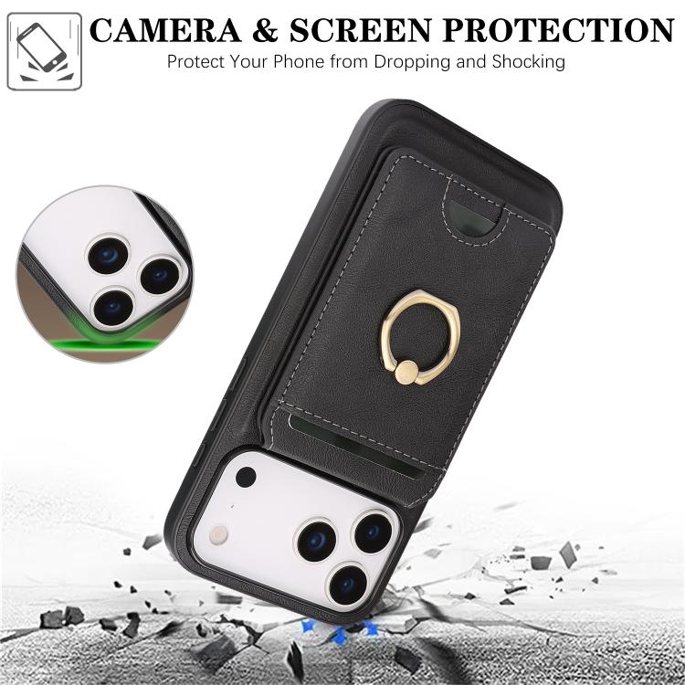 For iPhone 17 Pro Kalebol Strong MagSafe Ring Magnetic Card Bag Holder Leather Phone Case(Black) - iPhone 17 Pro Cases by Kalebol | Online Shopping UK | buy2fix