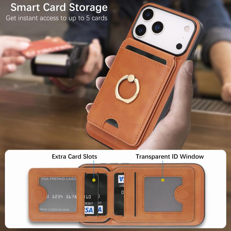 For iPhone 17 Pro Kalebol Strong MagSafe Ring Magnetic Card Bag Holder Leather Phone Case(Brown) - iPhone 17 Pro Cases by Kalebol | Online Shopping UK | buy2fix