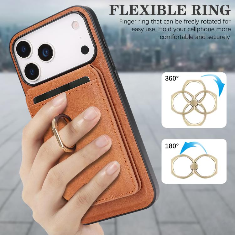 For iPhone 17 Pro Kalebol Strong MagSafe Ring Magnetic Card Bag Holder Leather Phone Case(Brown) - iPhone 17 Pro Cases by Kalebol | Online Shopping UK | buy2fix