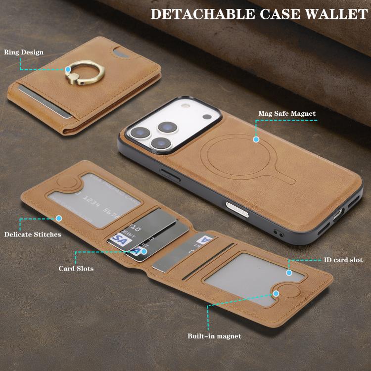 For iPhone 17 Pro Kalebol Strong MagSafe Ring Magnetic Card Bag Holder Leather Phone Case(Brown) - iPhone 17 Pro Cases by Kalebol | Online Shopping UK | buy2fix