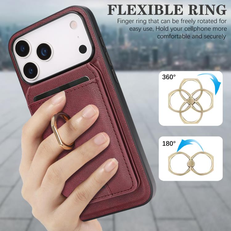 For iPhone 17 Pro Kalebol Strong MagSafe Ring Magnetic Card Bag Holder Leather Phone Case(Red) - iPhone 17 Pro Cases by Kalebol | Online Shopping UK | buy2fix