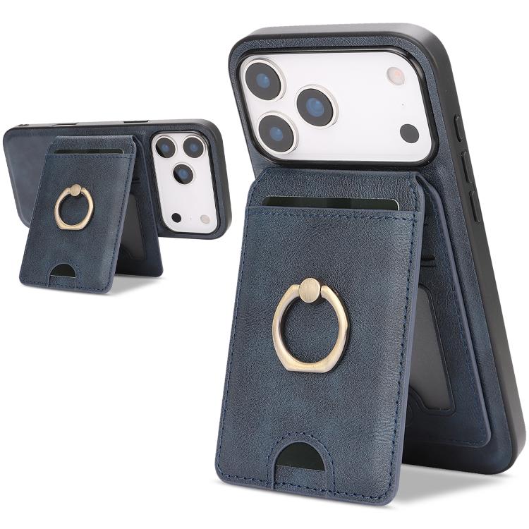 For iPhone 17 Pro Kalebol Strong MagSafe Ring Magnetic Card Bag Holder Leather Phone Case(Blue) - iPhone 17 Pro Cases by Kalebol | Online Shopping UK | buy2fix