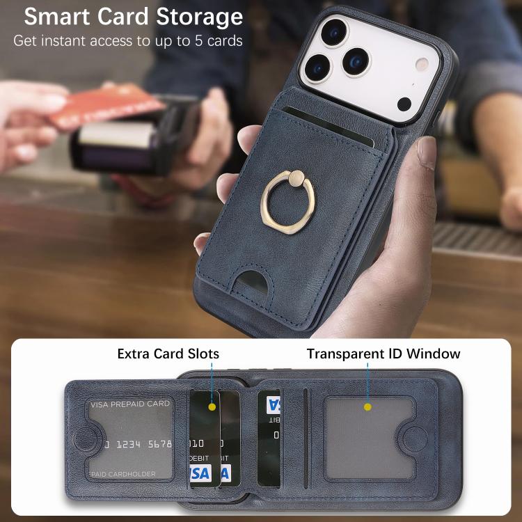 For iPhone 17 Pro Kalebol Strong MagSafe Ring Magnetic Card Bag Holder Leather Phone Case(Blue) - iPhone 17 Pro Cases by Kalebol | Online Shopping UK | buy2fix