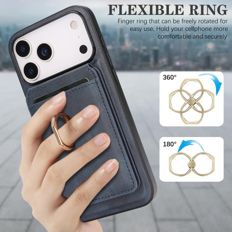 For iPhone 17 Pro Kalebol Strong MagSafe Ring Magnetic Card Bag Holder Leather Phone Case(Blue) - iPhone 17 Pro Cases by Kalebol | Online Shopping UK | buy2fix