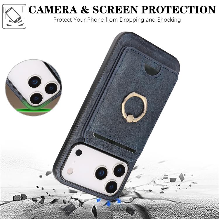 For iPhone 17 Pro Kalebol Strong MagSafe Ring Magnetic Card Bag Holder Leather Phone Case(Blue) - iPhone 17 Pro Cases by Kalebol | Online Shopping UK | buy2fix