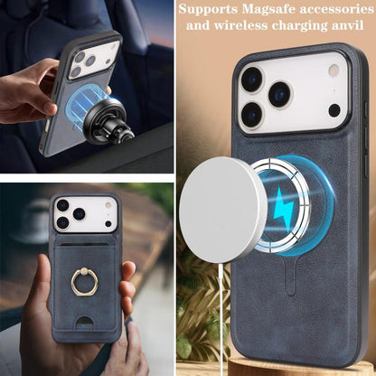 For iPhone 17 Pro Kalebol Strong MagSafe Ring Magnetic Card Bag Holder Leather Phone Case(Blue) - iPhone 17 Pro Cases by Kalebol | Online Shopping UK | buy2fix