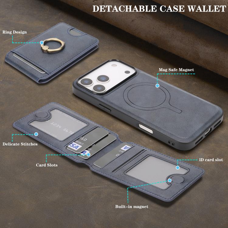 For iPhone 17 Pro Kalebol Strong MagSafe Ring Magnetic Card Bag Holder Leather Phone Case(Blue) - iPhone 17 Pro Cases by Kalebol | Online Shopping UK | buy2fix