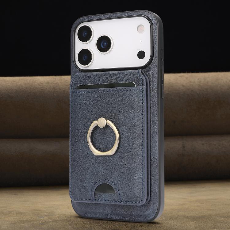 For iPhone 17 Pro Kalebol Strong MagSafe Ring Magnetic Card Bag Holder Leather Phone Case(Blue) - iPhone 17 Pro Cases by Kalebol | Online Shopping UK | buy2fix