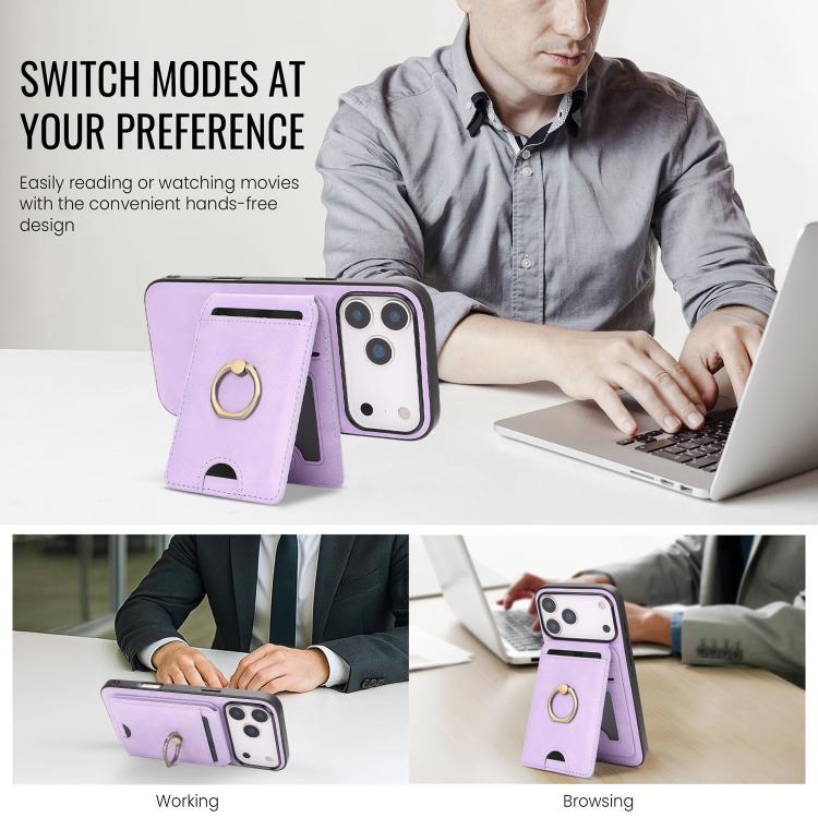 For iPhone 17 Pro Kalebol Strong MagSafe Ring Magnetic Card Bag Holder Leather Phone Case(Purple) - iPhone 17 Pro Cases by Kalebol | Online Shopping UK | buy2fix