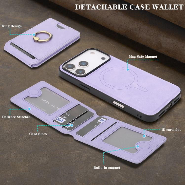 For iPhone 17 Pro Kalebol Strong MagSafe Ring Magnetic Card Bag Holder Leather Phone Case(Purple) - iPhone 17 Pro Cases by Kalebol | Online Shopping UK | buy2fix