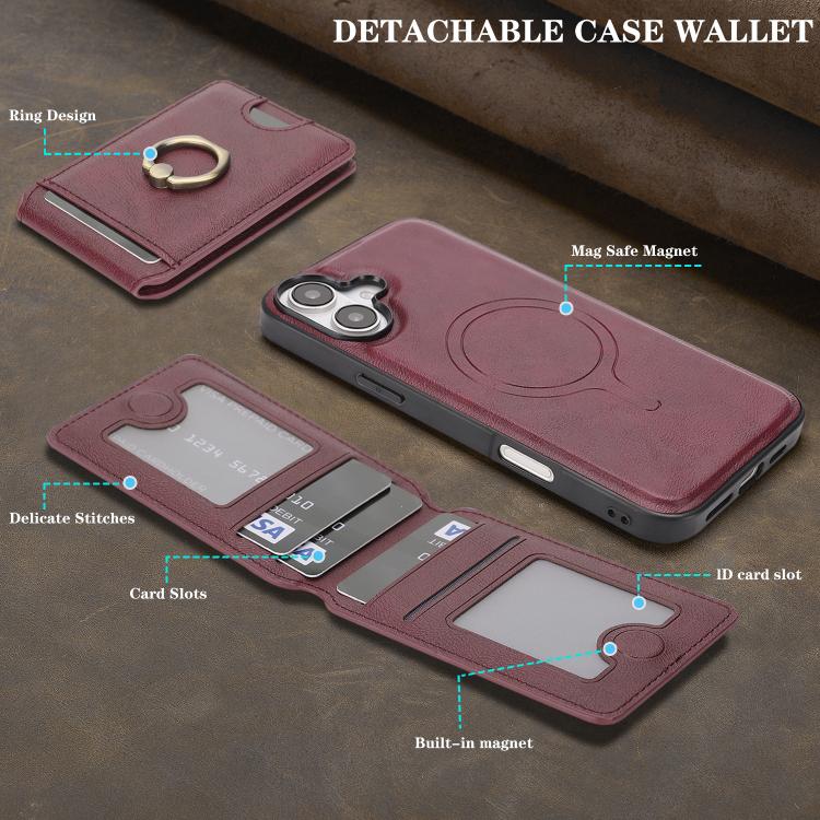 For iPhone 17 Kalebol Strong MagSafe Ring Magnetic Card Bag Holder Leather Phone Case(Red) - iPhone 17 Cases by Kalebol | Online Shopping UK | buy2fix