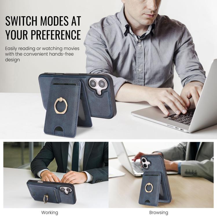 For iPhone 17 Kalebol Strong MagSafe Ring Magnetic Card Bag Holder Leather Phone Case(Blue) - iPhone 17 Cases by Kalebol | Online Shopping UK | buy2fix