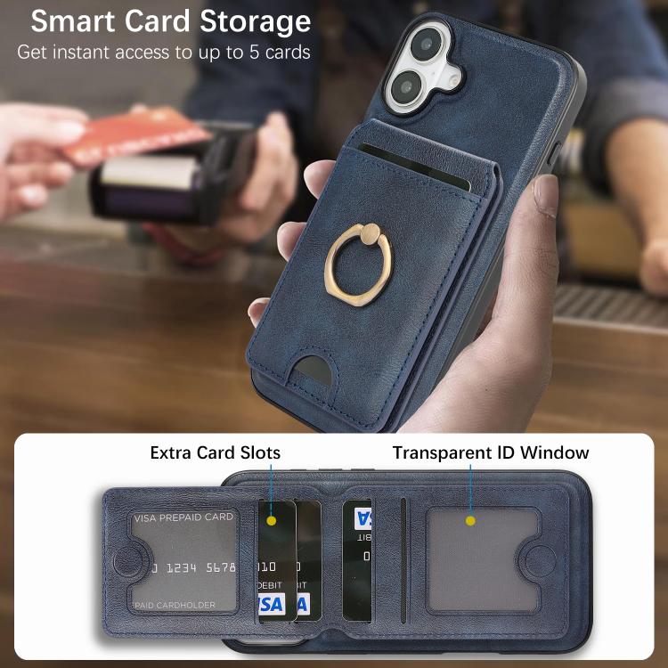 For iPhone 17 Kalebol Strong MagSafe Ring Magnetic Card Bag Holder Leather Phone Case(Blue) - iPhone 17 Cases by Kalebol | Online Shopping UK | buy2fix