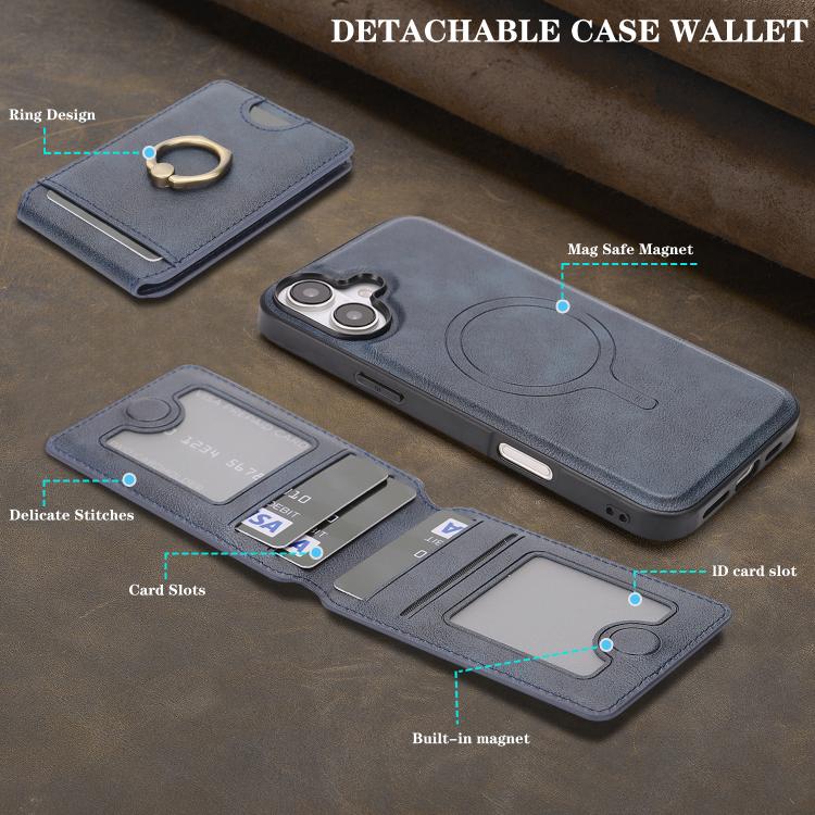 For iPhone 17 Kalebol Strong MagSafe Ring Magnetic Card Bag Holder Leather Phone Case(Blue) - iPhone 17 Cases by Kalebol | Online Shopping UK | buy2fix
