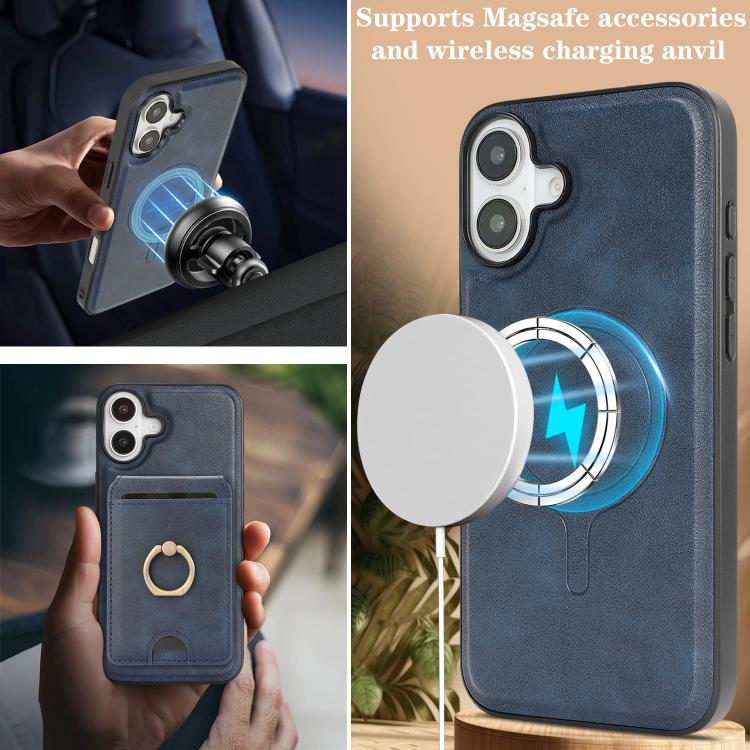 For iPhone 17 Kalebol Strong MagSafe Ring Magnetic Card Bag Holder Leather Phone Case(Blue) - iPhone 17 Cases by Kalebol | Online Shopping UK | buy2fix