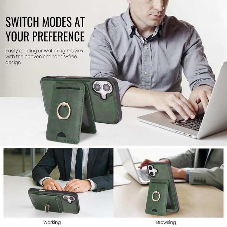 For iPhone 17 Kalebol Strong MagSafe Ring Magnetic Card Bag Holder Leather Phone Case(Green) - iPhone 17 Cases by Kalebol | Online Shopping UK | buy2fix