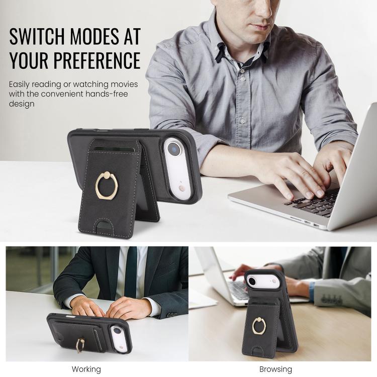 For iPhone 17 Air Kalebol Strong MagSafe Ring Magnetic Card Bag Holder Leather Phone Case(Black) - iPhone 17 Air Cases by Kalebol | Online Shopping UK | buy2fix