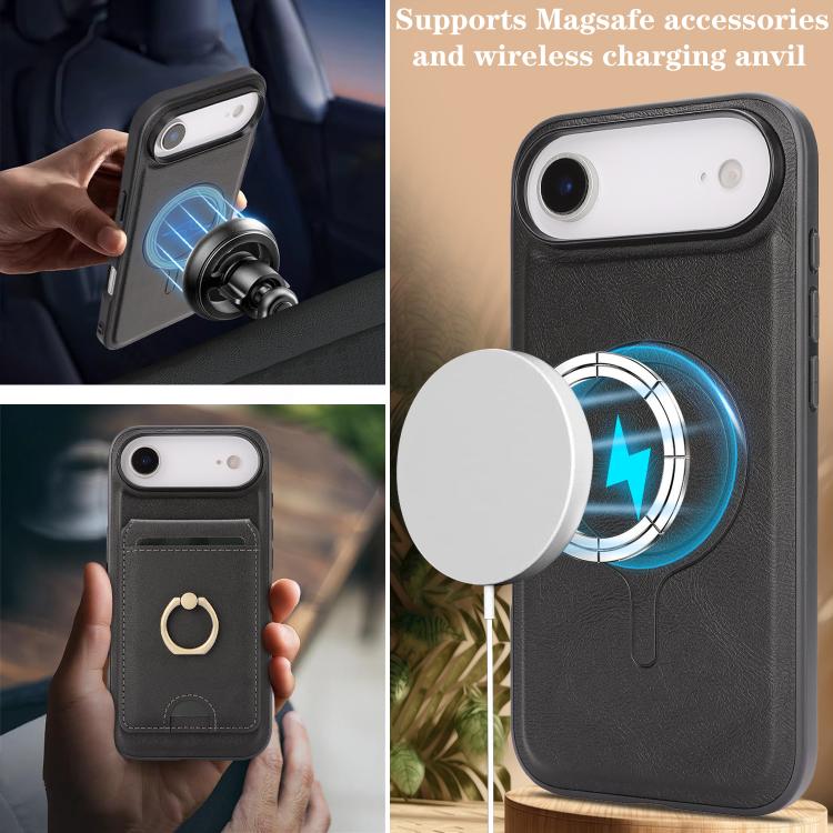 For iPhone 17 Air Kalebol Strong MagSafe Ring Magnetic Card Bag Holder Leather Phone Case(Black) - iPhone 17 Air Cases by Kalebol | Online Shopping UK | buy2fix