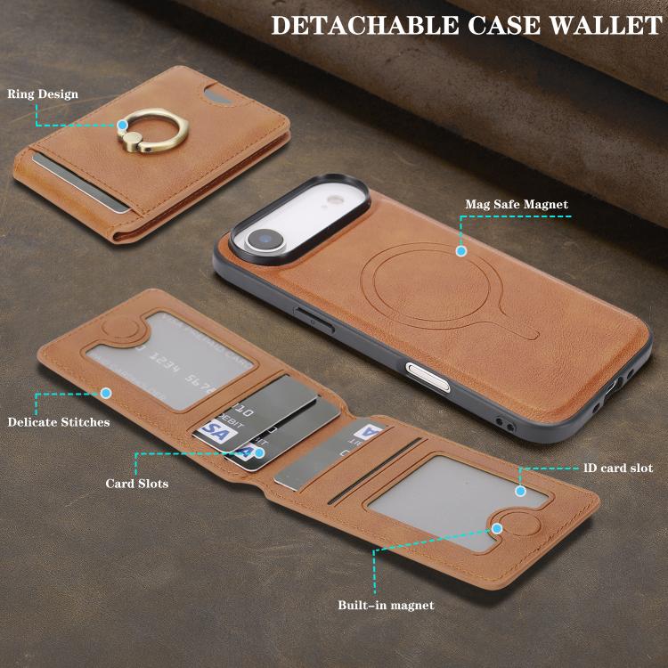 For iPhone 17 Air Kalebol Strong MagSafe Ring Magnetic Card Bag Holder Leather Phone Case(Brown) - iPhone 17 Air Cases by Kalebol | Online Shopping UK | buy2fix
