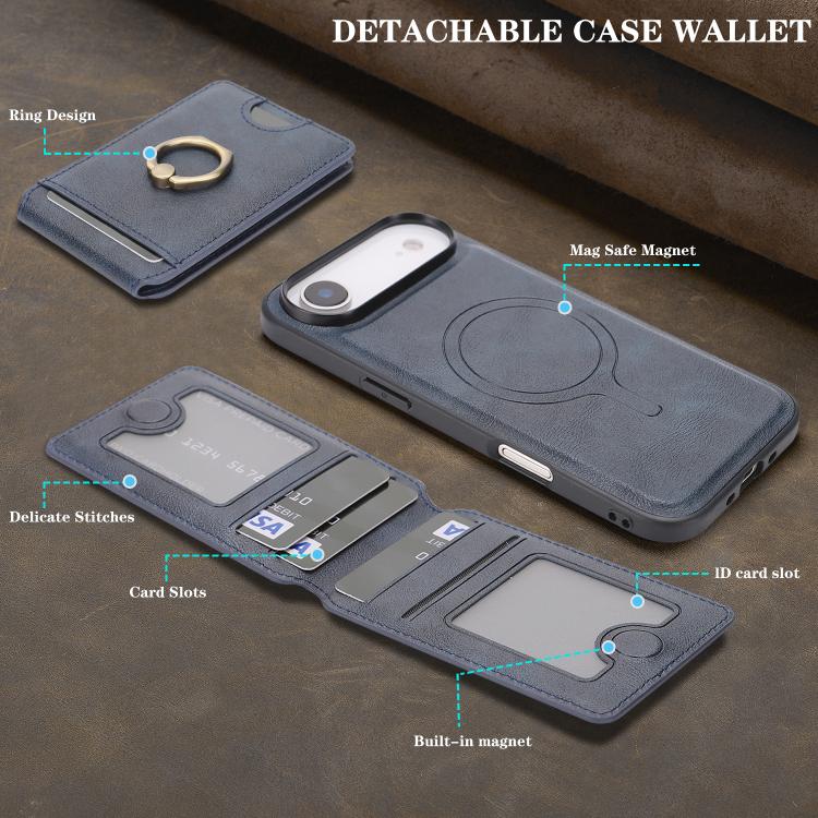 For iPhone 17 Air Kalebol Strong MagSafe Ring Magnetic Card Bag Holder Leather Phone Case(Blue) - iPhone 17 Air Cases by Kalebol | Online Shopping UK | buy2fix