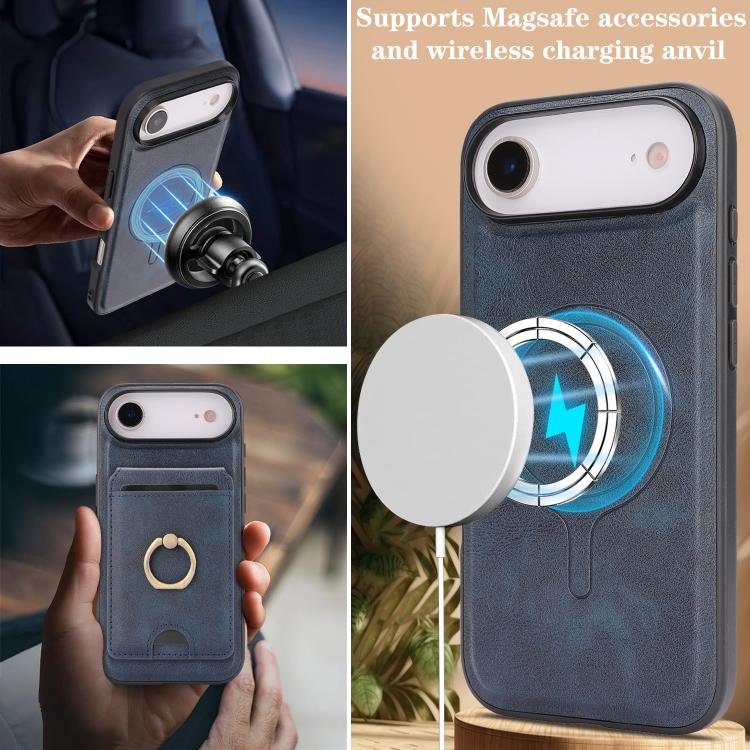 For iPhone 17 Air Kalebol Strong MagSafe Ring Magnetic Card Bag Holder Leather Phone Case(Blue) - iPhone 17 Air Cases by Kalebol | Online Shopping UK | buy2fix