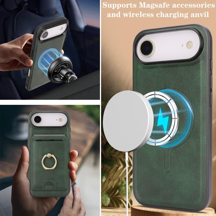 For iPhone 17 Air Kalebol Strong MagSafe Ring Magnetic Card Bag Holder Leather Phone Case(Green) - iPhone 17 Air Cases by Kalebol | Online Shopping UK | buy2fix