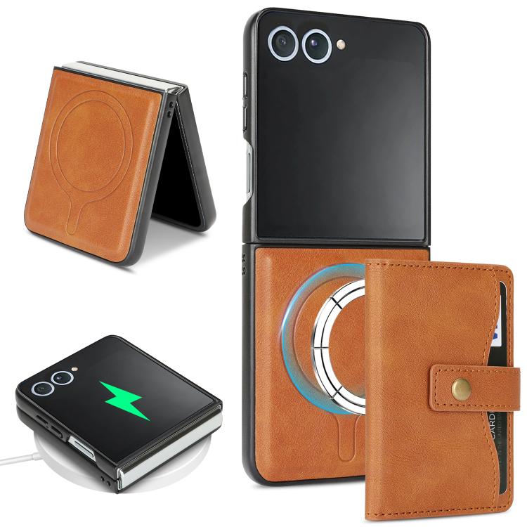 For Samsung Galaxy Z Flip7 Kalebol Magnetic Button Card Bag MagSafe Ring Leather Phone Case(Brown) - Galaxy Z Flip7 5G Cases by Kalebol | Online Shopping UK | buy2fix