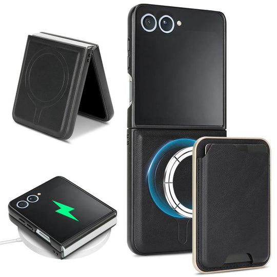 For Samsung Galaxy Z Flip7 Kalebol Slim MagSafe Ring Magnetic Card Bag Leather Phone Case(Black)