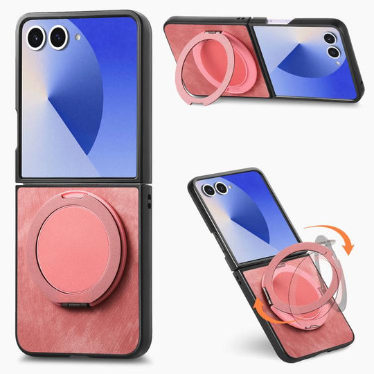 For Galaxy Z Flip8 5G Retro Leather Rotation Round Holder Phone Case(Pink)