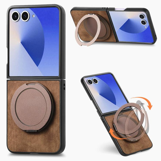 For Galaxy Z Flip8 5G Retro Leather Rotation Round Holder Phone Case(Brown)