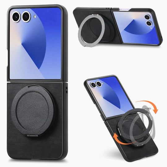For Galaxy Z Flip8 5G Retro Leather Rotation Round Holder Phone Case(Black)