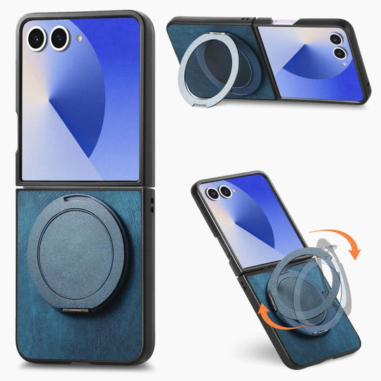 For Galaxy Z Flip8 5G Retro Leather Rotation Round Holder Phone Case(Blue)