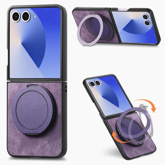 For Galaxy Z Flip8 5G Retro Leather Rotation Round Holder Phone Case(Purple)