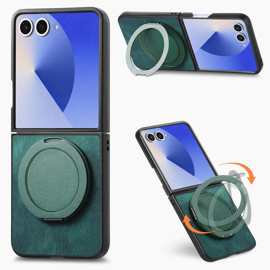 For Galaxy Z Flip8 5G Retro Leather Rotation Round Holder Phone Case(Green)