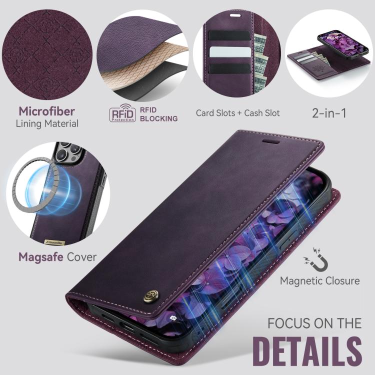 For iPhone 16 Pro Max CaseMe C49 MagSafe RFID Blocking Detachable Wallet Leather Phone Case(Purple) - iPhone 16 Pro Max Cases by CaseMe | Online Shopping UK | buy2fix
